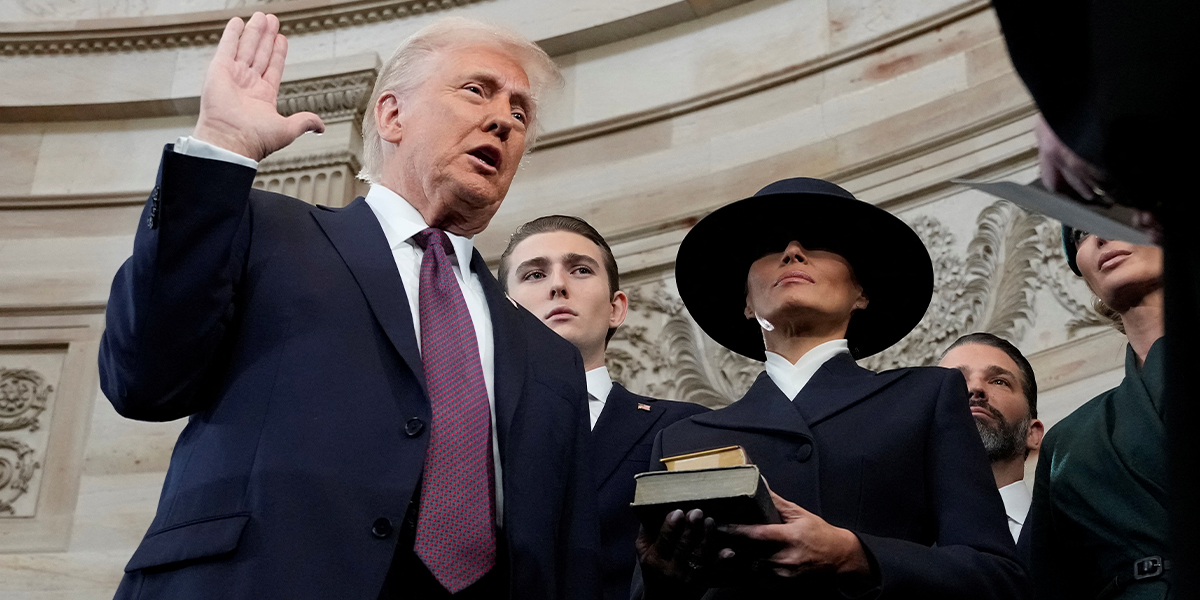 President Donald Trump taking oath as his wife Melania Trump stands beside him during the inauguration ceremonies in the Rotunda of the US Capitol on January 20, 2025 in Washington, DC. — Reuters