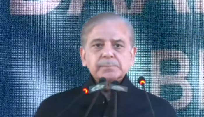 Prime Minister Shehbaz Sharif addresses groundbreaking ceremony of the Azad Jammu and Kashmirs first Daanish School Center in Bhimber on January 22, 2025. — Screengrab via YouTube/Geo News