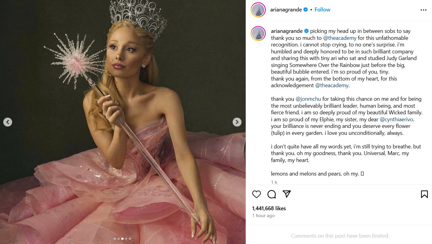 Ariana Grande reacts to first ever Oscar nod