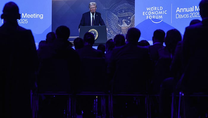 US President Donald Trump delivered a special distance speech during the 55th annual meeting of the World Economic Forum (WEF) in Davos, Switzerland, January 23, 2025. - Reuters
