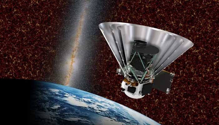 An illustration of the SPHEREx spacecraft with cosmic structures in the background. The crafts cone shape is halved so you can see the inside of it. — Nasa/File