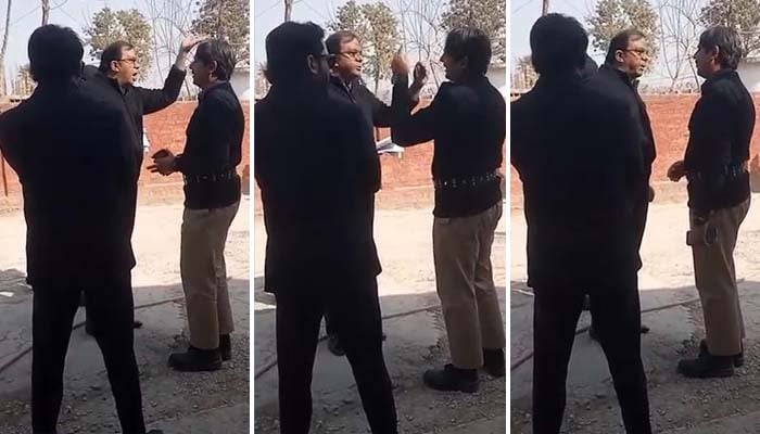 Faisal Chaudhry, lawyer of PTI founder Imran Khan, engages in verbal altercation with Adiala jails Assistant Superintendent in Adiala Jail, Rawalpindi, February 6, 2025. — Screengrab via video/Reporter
