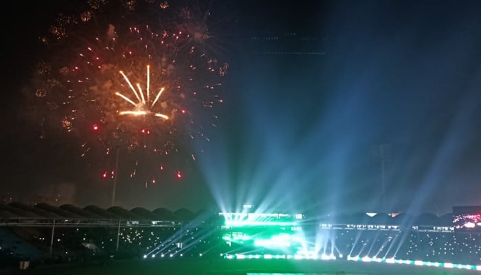 Newly renovated Karachi cricket stadium inaugurated in glittery ceremony 1 Fireworks during the inauguration of newly revamped National Bank Stadium of Karachi on February 11, 2025. โ Screengrab via Geo News