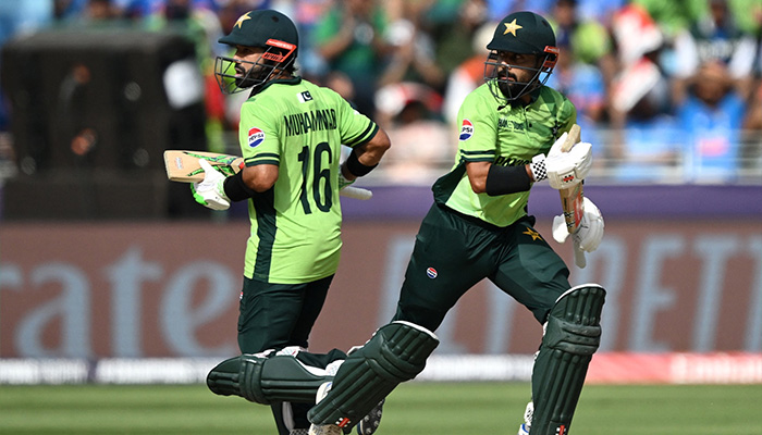 Pakistans Mohammad Rizwan (left) and Saud Shakeel built 104-run partnership for the third wicket. — Facebook/@PakistanCricketBoard