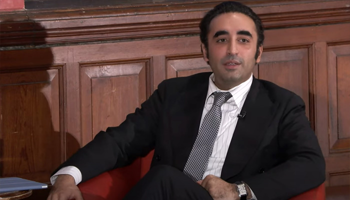 PPP Chairman Bilawal Bhutto Zardari speaks during an interview with the Oxford Union. Screengrab via @OxfordUnion