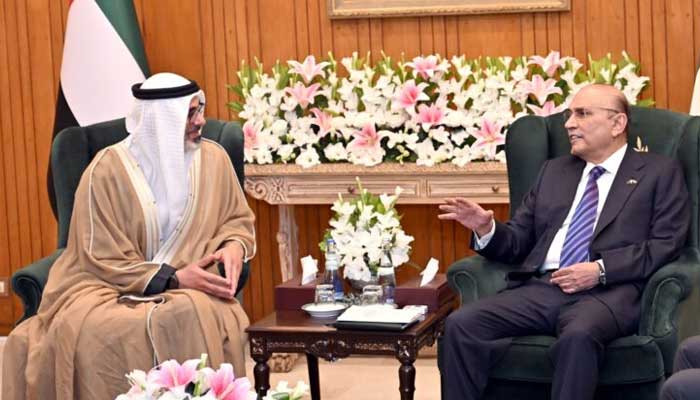 President Asif Ali Zardari at a meeting with the crown prince of Abu Dhabi and the president of the Executive Council of Abu Dhabi, Sheikh Khaled Bin Mohamed Bin Zayed, in Aiwan-E-Sadr, on February 27, 2025.
