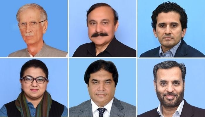 (Clockwise from top) Pervez Khattak, Tariq Fazal Chaudhry, Ali Pervaiz Malik, Shaza Fatima Khawaja, Hanif Abbasi, Mustafa Kamal. — National Assembly