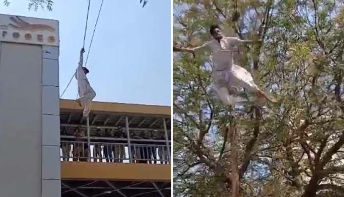 A combo of the mobile phone snatcher hanging from electrical wires in an attempt to escape the police and falling from the wires in Nazimabad, Karachi on March 7, 2025. — Reporter