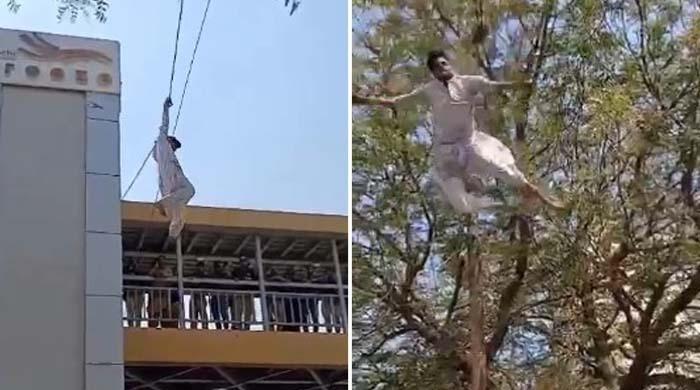 WATCH: Thief hangs from wires to escape police