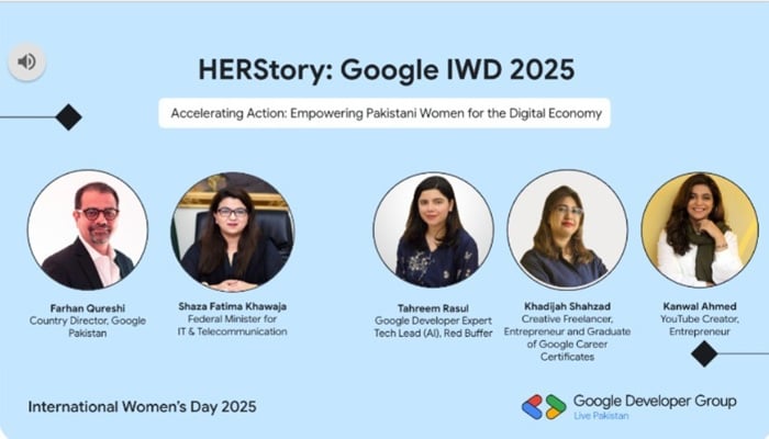 An event bannner showing panelists pictures. — Google Pakistan