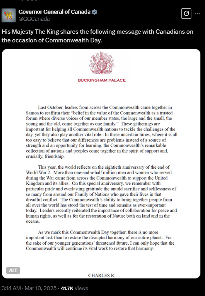 King Charles releases special message for Canadians on Commonwealth Day
