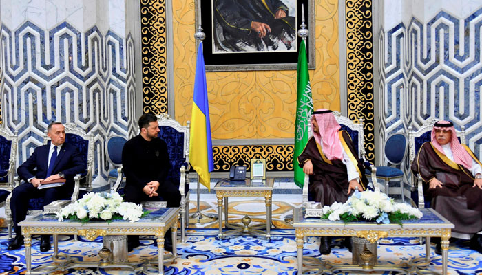 Zelenskiy lands in Saudi Arabia as US voices high hopes for Ukraine talks 1 Deputy Governor of the Holy City of Makkah Prince Saud bin Mishaal bin Abdulaziz meets Ukrainian President Volodymyr Zelenskiy during his visit to Jeddah, Saudi Arabia, March 10, 2025. — Reuters