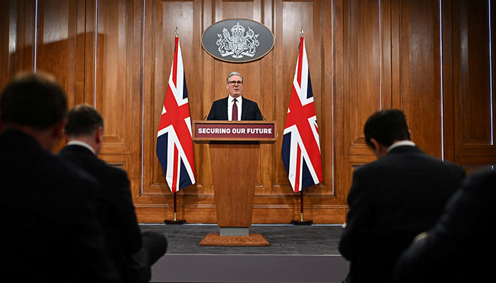 British Prime Minister Keir Starmer attends a press conference following a virtual summit video conference at 10 Downing Street on March 15, 2025 in London, Britain. — Reuters