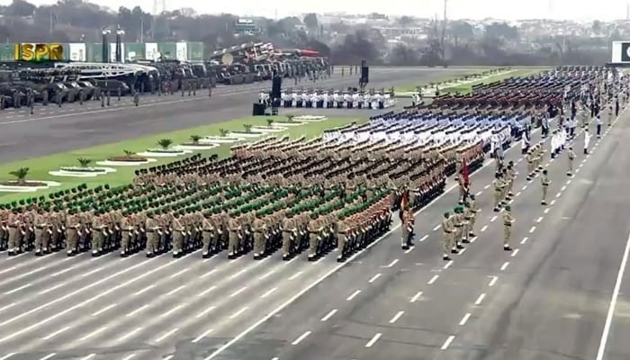 An aerial view of the Pakstan Day parade in Islamabad on March 23, 2023. — APP