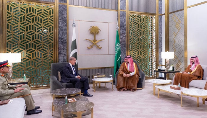 (From left to right) COAS General Asim Munir, PM Shehbaz Sharif and Saudi Crown Prince and Prime Minister Mohammed bin Salman pictured during a meeting on March 20, 2025. — X@CMShehbaz
