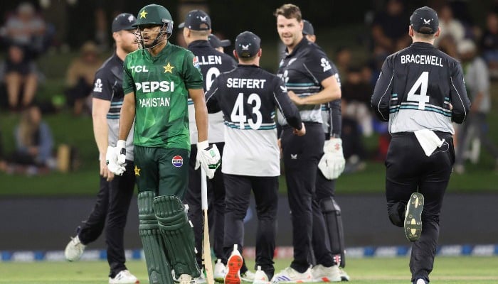 Pakistans Hasan Nawaz is dismissed during the fourth Twenty20 international cricket match between New Zealand and Pakistan at Bay Oval in Mount Maunganui on March 23, 2025. — AFP