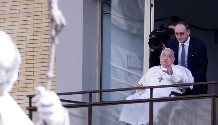 Pope Francis makes his first public appearance in five weeks, on the day he is set to be discharged from Gemelli Hospital, in Rome, Italy, March 23, 2025. — Reuters