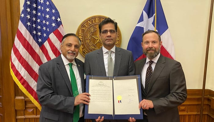 (From left) State Representative Dr Suleman Lalani, Pakistan’s Consul General in Texas, Muhammad Aftab Chaudhry, and House Speaker Dustin Burrows. — Reporter
