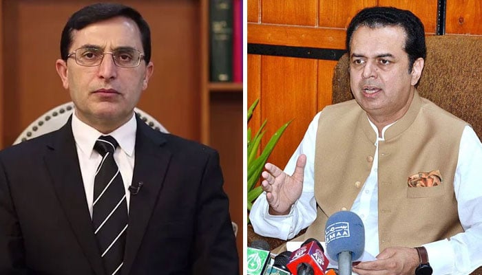 Pakistan Tehreek-e-Insaf (PTI) Chairman Barrister Gohar Ali Khan (L) and Minister of State for Interior Talal Chaudhry. — Wikimedia Commons/APP/File