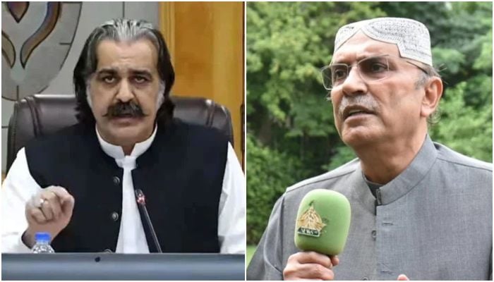 A collage showing KP CM Ali Amin Gandapur (left) and President Asif Ali Zardai. — Facebook@Ali Amin Khan Gandapur/Bilawalhouse/File