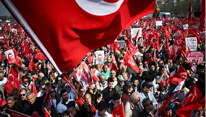 People take part in a rally to protest against the arrest of Istanbul Mayor Ekrem Imamoglu as part of a corruption investigation, in Istanbul, Turkiye, March 29, 2025. — Reuters