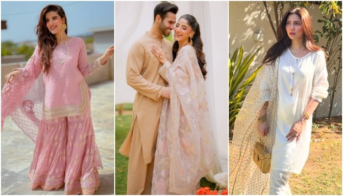 (From left) A combination of images shows Pakistani actors Hareem Farooq, Ameer Gilani, Mawra Hocane, and Mahira Khan flaunting their Eid dresses. — Instagram/@hareemfarooq, @mawrellous, @mahirahkhan