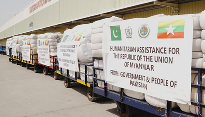 Pakistan dispatches humanitarian assistance consignment containing 35 tonnes of relief supplies for quake-hit Myanmar on April 1, 2025. — PID
