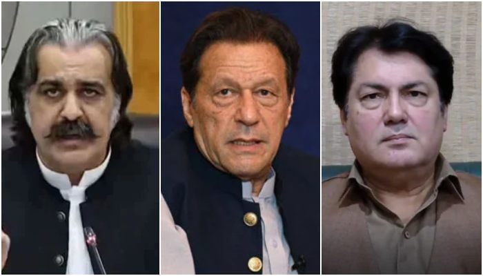 (From left to right) A collage showing KP CM Ali Amin Gandapur, PTI founder Imran Khan and KP CMs Adviser Barrister Saif. — Facebook@Ali Amin Khan Gandapur/AFP/File