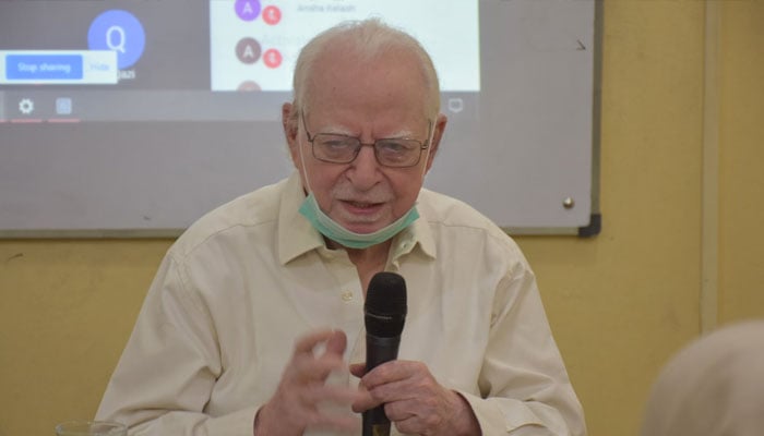 Professor Syed Haroon Ahmed is speaking at a private university in Karachi in 2020. — Facebook/szabistofficial