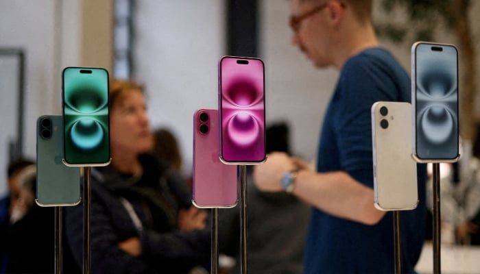 Apple iPhone 16 smartphones are displayed at a store in London, Britain, October 6, 2024. — Reuters