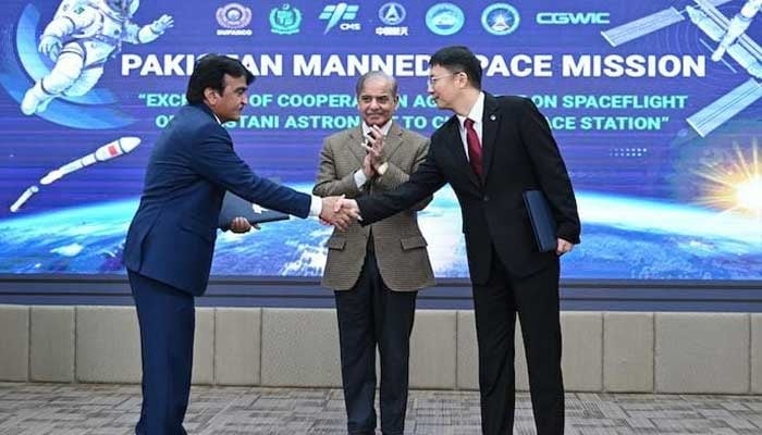 Prime Minister Shehbaz Sharif attends the signing ceremony between Suparco and China Manned Space Agency CMSA on February 28, 2025. — Suparco