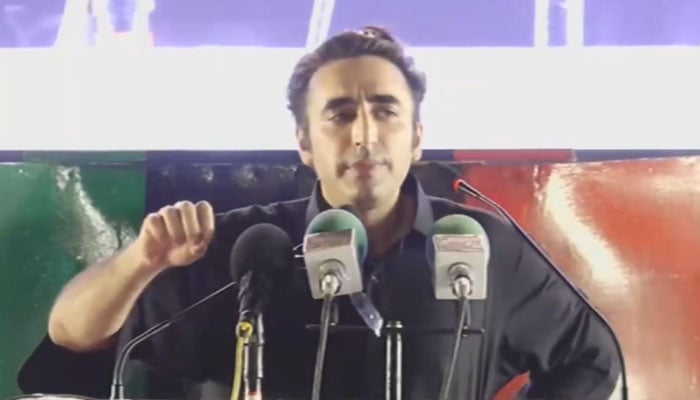 Pakistan Peoples Party (PPP) Chairman Bilawal Bhutto Zardari addressing a public gathering related to former prime minister Zulfikar Ali Bhuttos 46th death anniversary at Gari Khuda Bakhsh, Sindh, April 4, 2025. — Screengrab via YouTube/Geo News