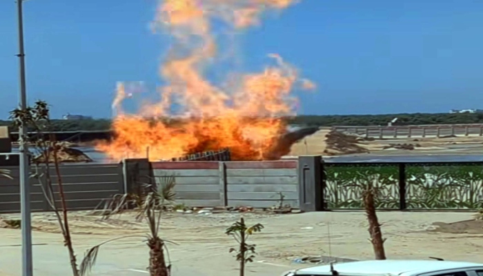 A raging fire near Korangi Crossing sends flames soaring into the sky, in Karachi on Thursday, April 3, 2025. — PPI