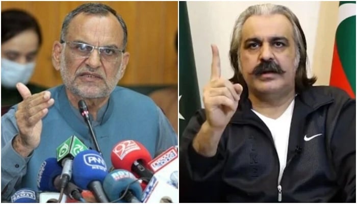 Pakistan Tehreek-e-Insaf PTI leader Azam Swati (left) and KP CM Ali Amin Gandapur. — APP/ Screengrab/Geo News/File