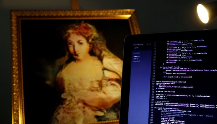 The artwork La Comtesse de Belamy (2018) by team of French entrepreneurs Obvious, a piece created by the Generative Adversarial Network (GAN), an algorithm that learns to generate new images by being fed a database of existing paintings, is seen during an interview with Reuters in Paris, France, September 21, 2018. — Reuters