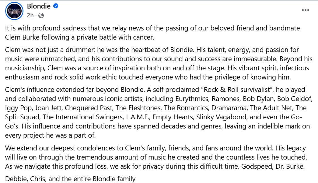 Clem Burke, Blondie drummer, departs from life at 70