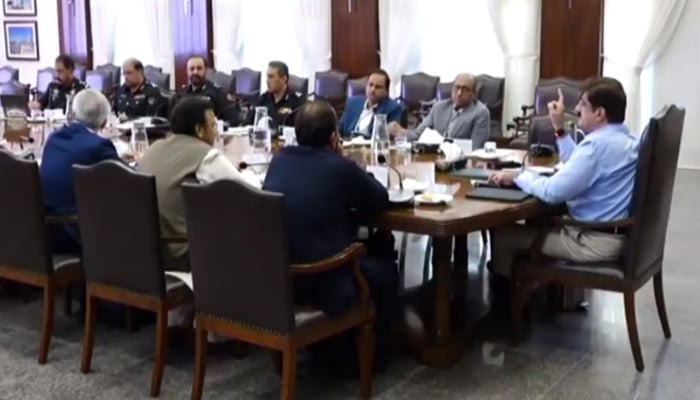Sindh Chief Minister Syed Murad Ali Shah presiding over a meeting at the CM House in Karachi on April 8, 2025. —Screengrab/ Facebook/ SindhCMHouse