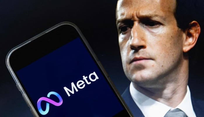 This photo illustration, created on January 7, 2025, in Washington, DC, shows an image of Mark Zuckerberg, CEO of Meta, and an image of the Meta logo. — AFP