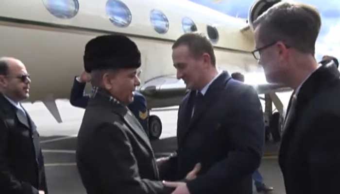 Belarus Prime Minister Alexander Turchin and officials of Pakistan embassy in Belarus warmly welcome Prime Minister Shehbaz Sharif upon his arrival in Minsk on April 10, 2025. — Screengrab via PTV