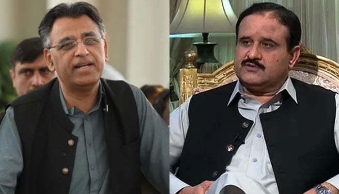 A collage of former PTI General Secretary Asad Umar and ex-Punjab CM Usman Buzdar. — AFP/Geo News