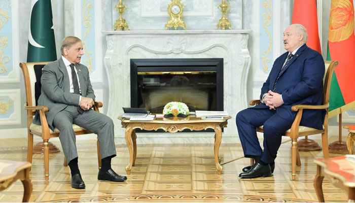 Prime Minister Shehbaz Sharif (left) holds bilateral meeting with President of Belarus Aleksandr Lukashenko at Independence Palace in Minsk, Belarus, April 11, 2025. — PID