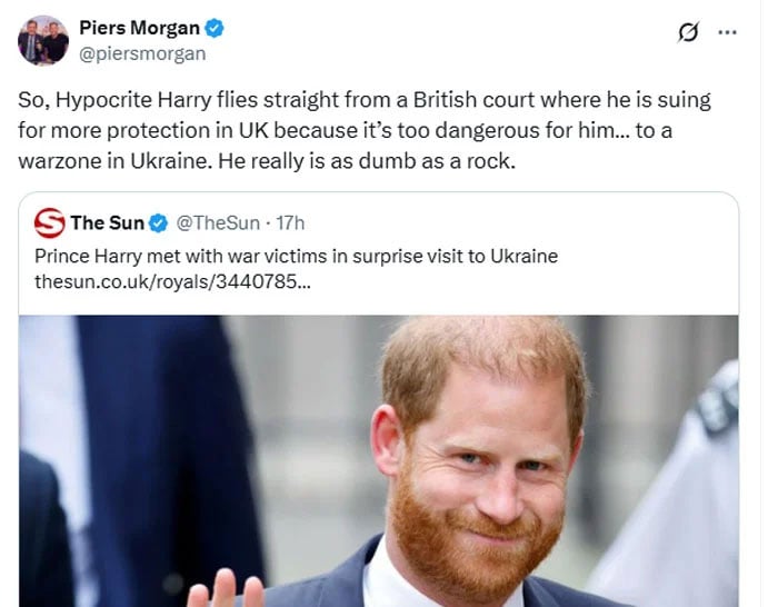 Prince Harry strongly reacts to Piers Morgans hypocrisy remarks after Ukraine visit