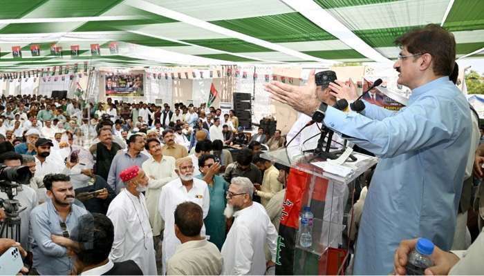 Sindh Chief Minister Murad Ali Shah addresses PPP workers from Thatta and Sujawal during a gathering at Mohsin House in Thatta on April 12, 2025. —Facebook@SindhCMHouse