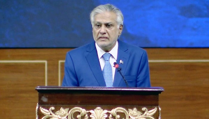 Deputy Prime Minister and Foreign Minister, Senator Mohammad Ishaq Dar delivers opening remarks during the Pakistan Minerals Investment Forum held in Islamabad on Tuesday, April 8, 2025. — APP