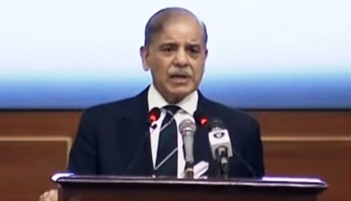 Prime Minister Shehbaz Sharif addresses First Annual Overseas Pakistanis’ Convention in Islamabad on April 15, 2025. — YouTube/GeoNews/screengrab