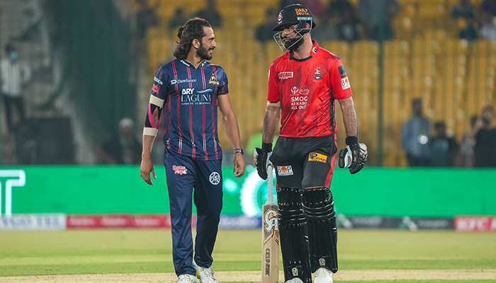 Karachi Kings pacer Hasan Ali (left) and Lahore Qalandars opening batter Fakhar Zaman during the PSL 10 match at National Bank Stadium, Karachi, on April 15, 2025. — PCB