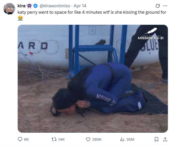 Katy Perry trolled for kissing the ground after return from space