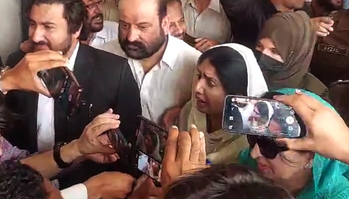 PTI Punjab Chief Organiser Aliya Hamza being produced before a local court in Rawalpindi on April 19, 2025. — Screengrab via Geo News/Reporter