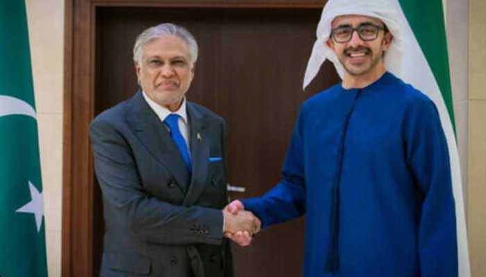 Deputy Prime Minister Ishaq Dar (left) receives UAE Deputy Prime Minister Sheikh Abdullah bin Zayed Al Nahyan in Islamabad. — X/ForeignOfficePk/File