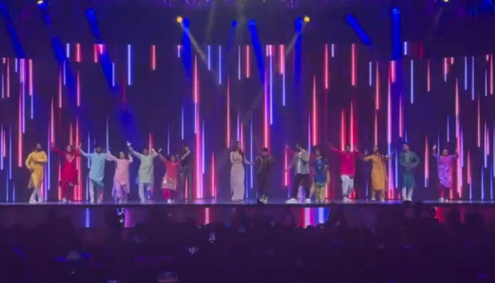 Pakistani superstar Fawad Khan, Bollywoods Vaani Kapoor and other actors perform on the stage at Dubai’s Global Village. —DailyMotion/Gulf News/screengrab